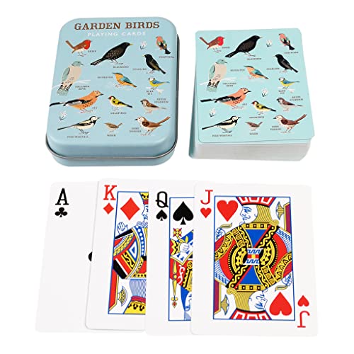 Garden bird themed playing cards in a light blue tin with four face cards.