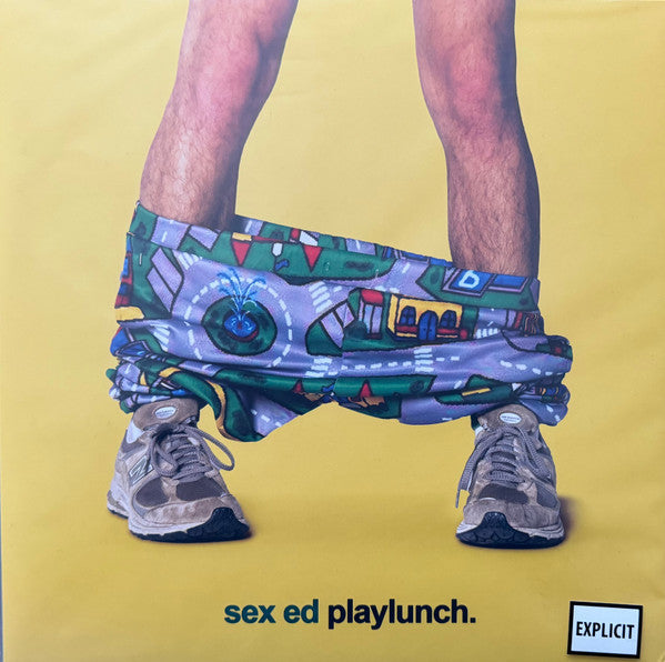 Vinyl record cover with legs and underwear against a yellow background.