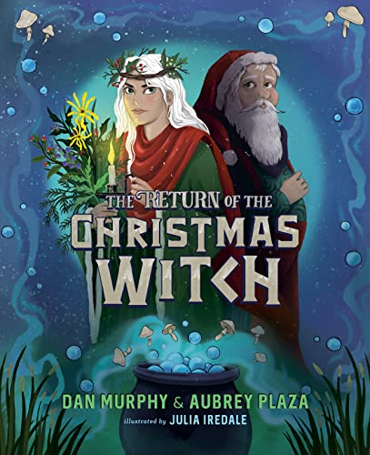 Book cover: witch and Santa Claus with glowing blue orb, title text.