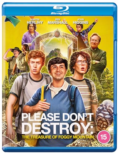 Please Don't Destroy" Blu-ray cover featuring the film's cast in a fantasy landscape.