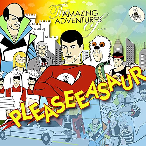 CD cover featuring cartoon portraits of celebrities and a dinosaur.