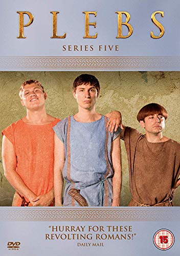 The image shows a DVD cover for "Plebs Series 5" featuring three men in togas.