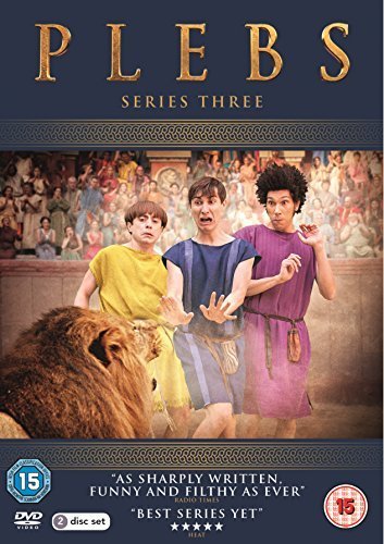DVD cover for "Plebs Series Three" with three men and a lion.