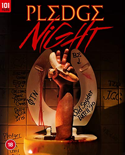 "Pledge Night" Blu-ray cover featuring a hand holding a banana in a urinal with graffiti.