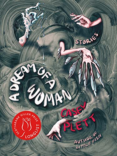Book cover with swirling dark patterns, a woman’s face, and hands with feathers.