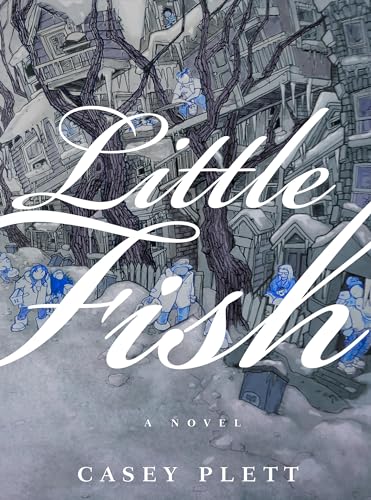 Book cover for “Little Fish” depicting snowy houses and figures.