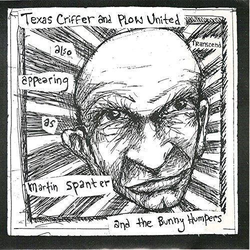 Black and white ink sketch of a man's face with text overlays.