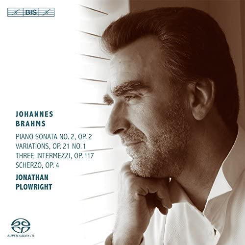 CD cover featuring a black and white portrait of pianist Jonathan Plowright.