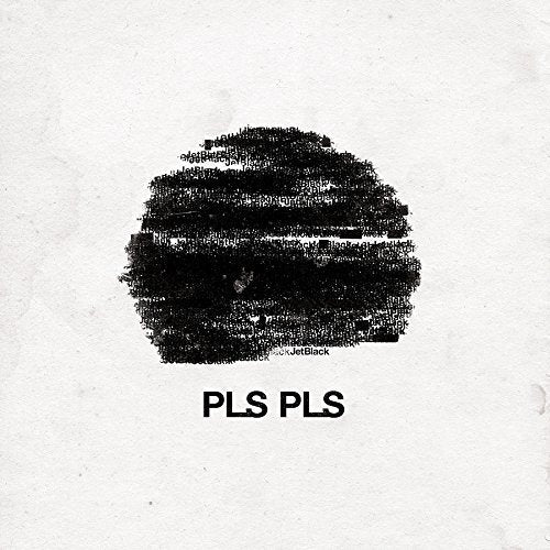 The image depicts a vinyl record cover with a black smudge and text. Alt text: Black smudge on a white background with "PLS PLS" text below.