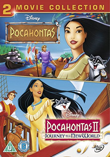 "Pocahontas DVD cover featuring Pocahontas holding Meeko, a smiling raccoon, against a yellow background."
