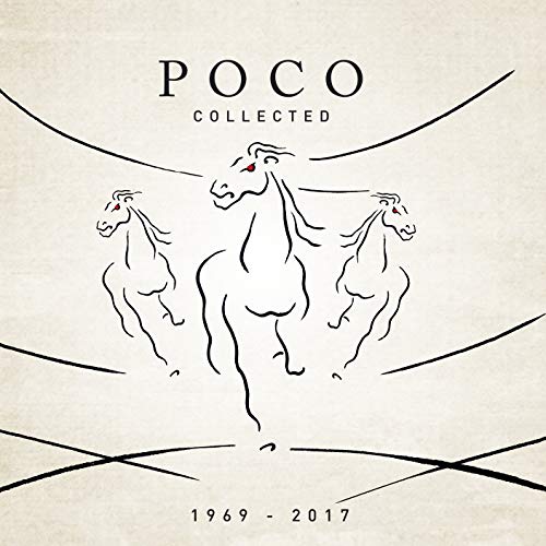 Album cover for Poco Collected featuring line drawings of three horses on cream background.