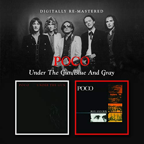 Black and white photo of the band Poco with two album covers below.