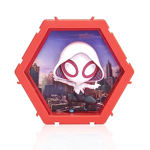 Spider-Gwen figurine inside a hexagonal red display pod with a city background.