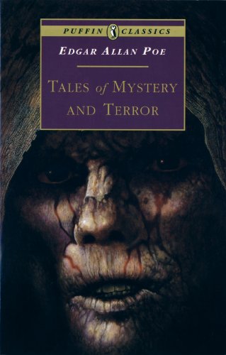 Book cover: "Tales of Mystery and Terror" by Edgar Allan Poe, dramatic face.