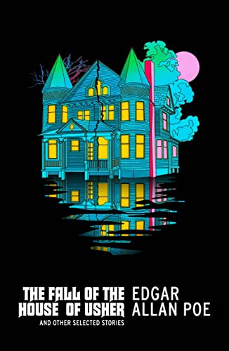 Book cover: crumbling blue house with a red moon, Edgar Allan Poe title.