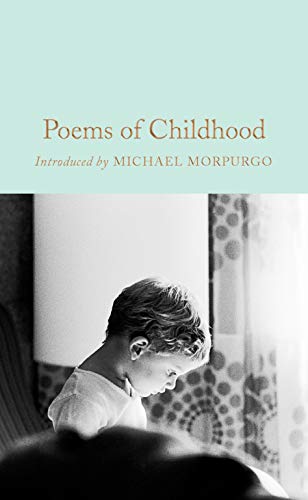 Book cover: "Poems of Childhood" with a black and white photo of a boy reading.