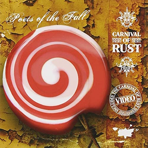 Red and white swirled candy on a textured, rusted yellow background.