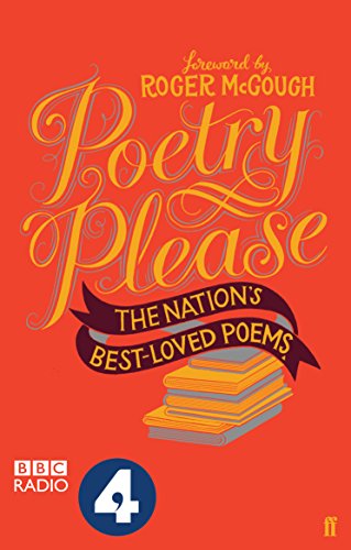Book cover: “Poetry Please” with gold lettering and stacked books.