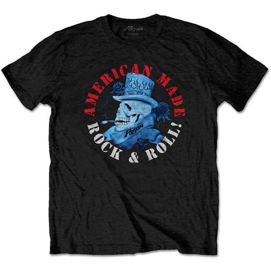 Black t-shirt with a circular "Poison" band logo featuring a skeleton.