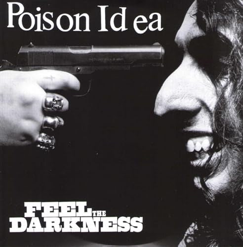 Black and white album cover featuring a hand holding a gun and a face.
