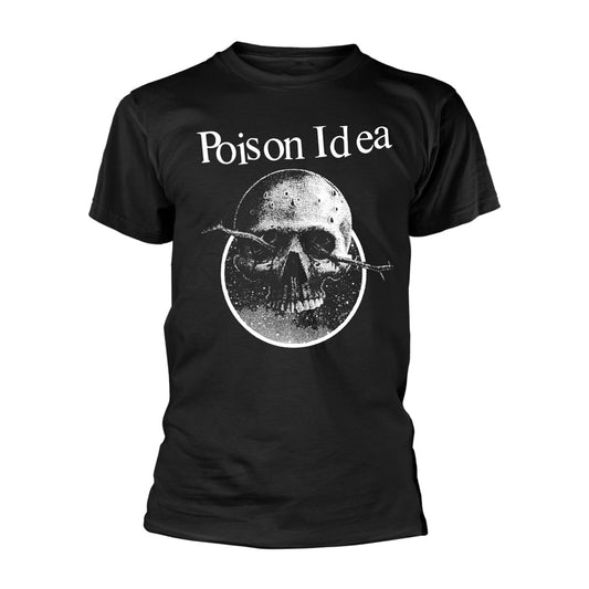 Black t-shirt with a white skull graphic and "Poison Idea" text.