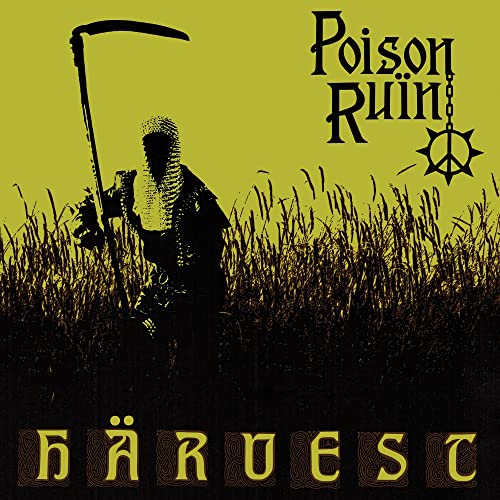 A silhouette of a knight holding a scythe stands in a field against yellow background.