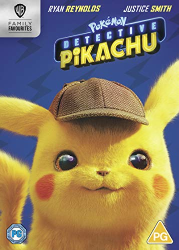 Detective Pikachu wearing a deerstalker hat on a blue background with movie title text.