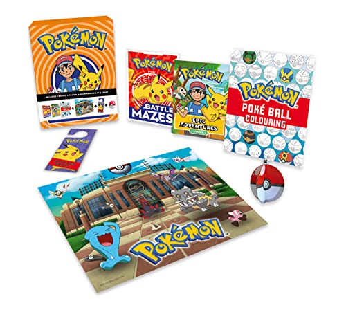 Pokémon activity set with books, puzzles, stickers, and a Poké Ball.