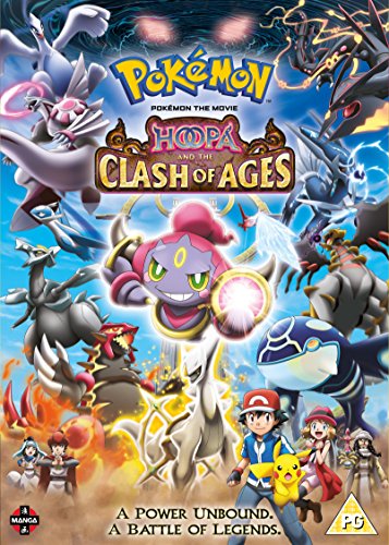 DVD cover featuring Hoopa, Ash, Pikachu, and various legendary Pokemon in a battle scene.