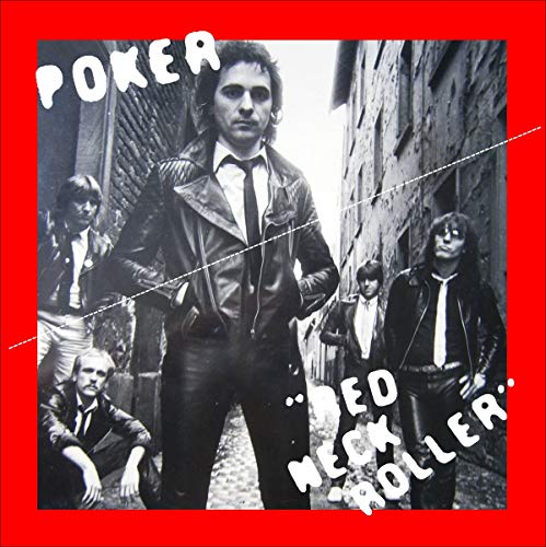 Black and white photo of a band in leather jackets, titled "Poker - Red Neck Roller".