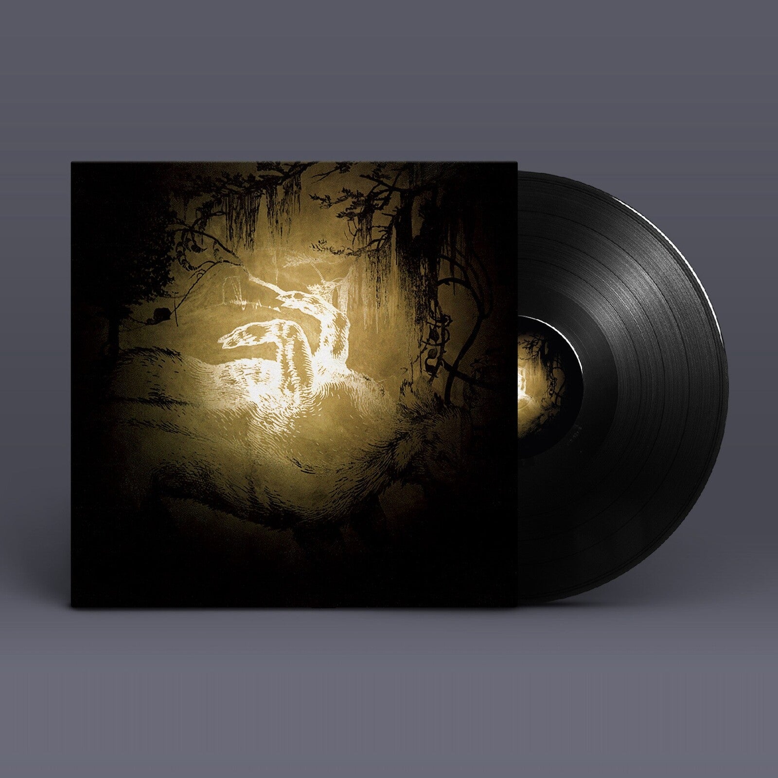 Vinyl record with cover art depicting a glowing polar bear in a forest.