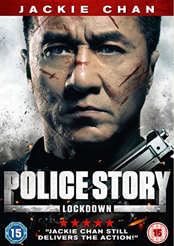 Jackie Chan as a bruised police officer holding a gun, “Police Story: Lockdown” DVD.
