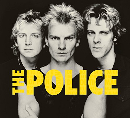 Black and white portrait of The Police band members with yellow text.