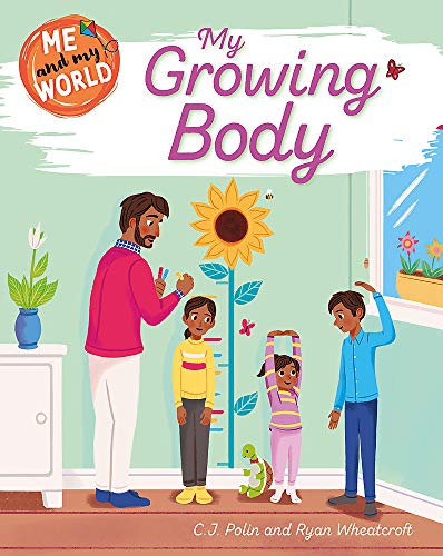 Book cover: father measuring children's height next to a sunflower.