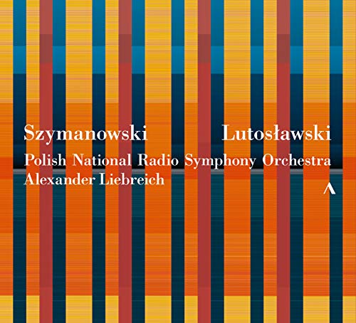 "CD cover with orange and yellow stripes, featuring white text with composer and orchestra names."
