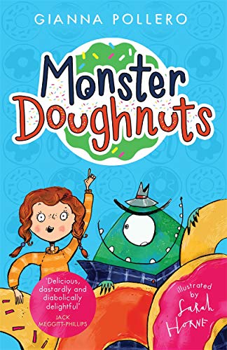 Book cover: girl and green monster with colorful doughnuts.