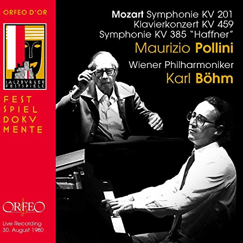 CD cover featuring Karl Böhm conducting and Maurizio Pollini playing piano with text overlay.