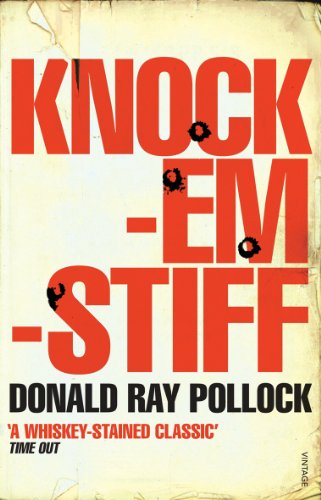 Book cover for Knockemstiff by Donald Ray Pollock with bullet hole graphics on red text.