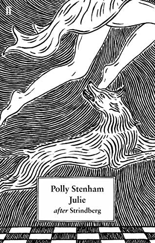 Black and white line art of a wolf leaping toward a woman's bare legs.