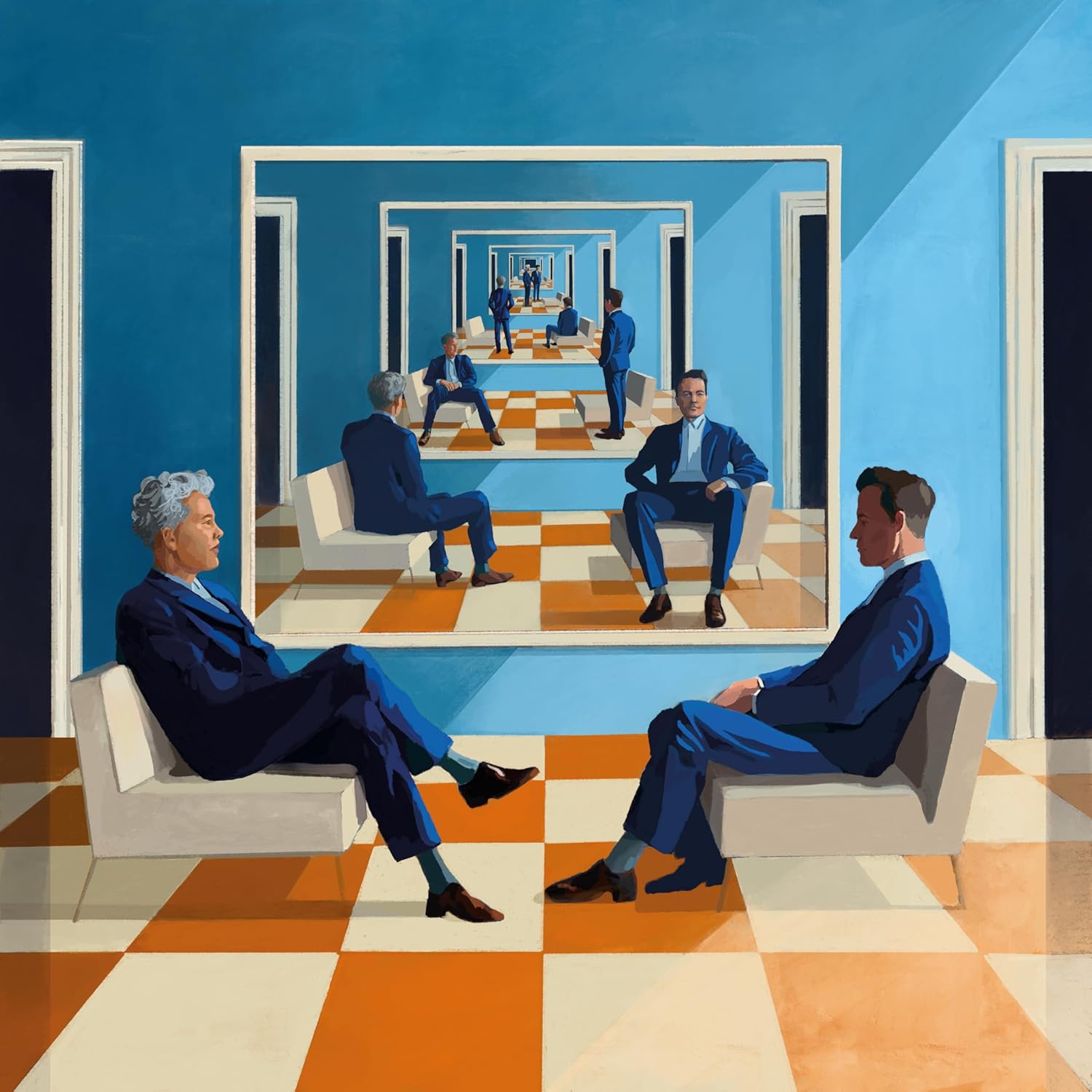 Two men in suits sit facing each other in a mirrored room.