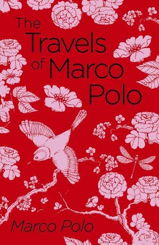 Book cover with red background, pink floral patterns, a bird, and a dragonfly.
