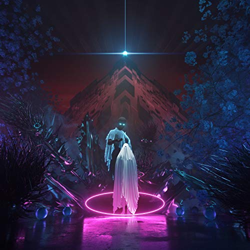 A figure in a white cloak stands within a glowing pink ring before a pyramid.