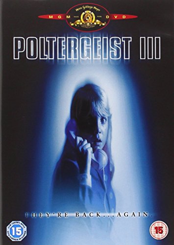 DVD cover for Poltergeist III featuring a young girl on a telephone in blue light.