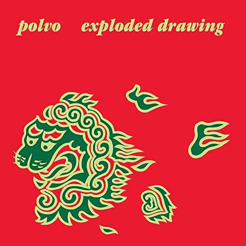 Album cover with red background, green stylized lion head, and text Polvo Exploded Drawing.