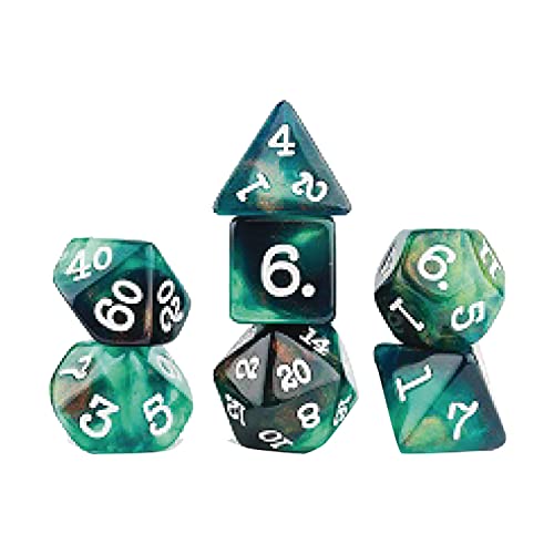 Green and white polyhedral dice set, including d4, d6, d8, d10, d12, d20.