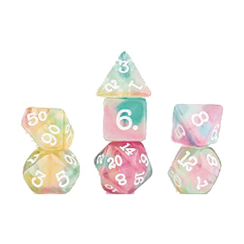 Colorful, translucent polyhedral dice set stacked on a white background.