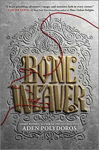 Book cover: "Bone Weaver" with gold lettering and red thread design.