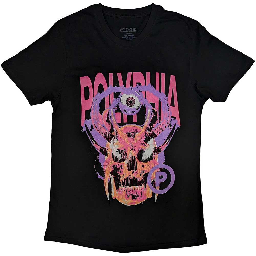 Black t-shirt with white skull and circular design, Polyphia logo.