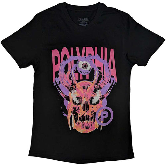 Black t-shirt with white skull and circular design, Polyphia logo.