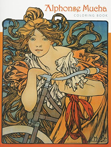 Alphonse Mucha coloring book cover featuring a woman with flowing hair.
